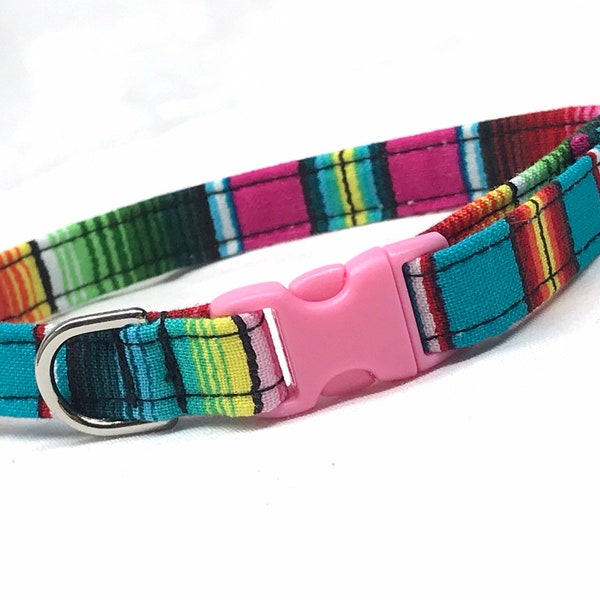 Cat Collar for Girl, Boy- Pink Multicolor Serape Mexican Blanket Fabric - Breakaway