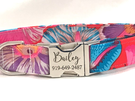 Personalized Dog Collar - Laser Engraved Buckle - Exotic Tropical Flower Garden