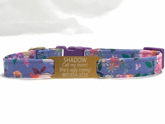 Personalized Cat Collar with Slide On ID Tag - Breakaway - Small Bouquets on Purple