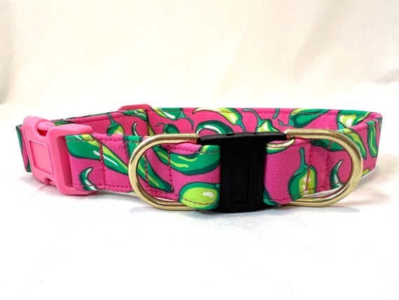 BREAKAWAY Dog Collar for Girl - Side-Release BUCKLE - Hot Pink and Green Chili Peppers