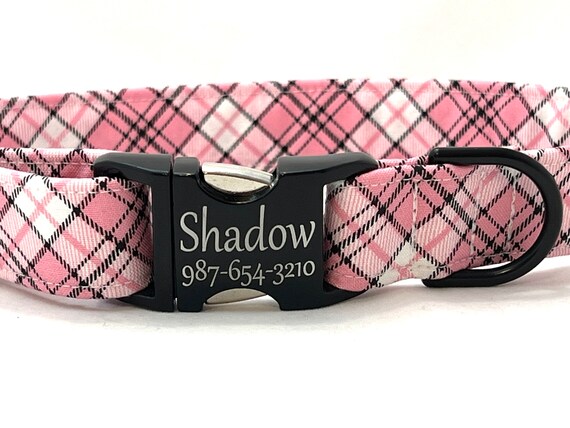 Plaid Dog Collar for Girl - Personalized Laser Engraved  Buckle - Preppy Pink