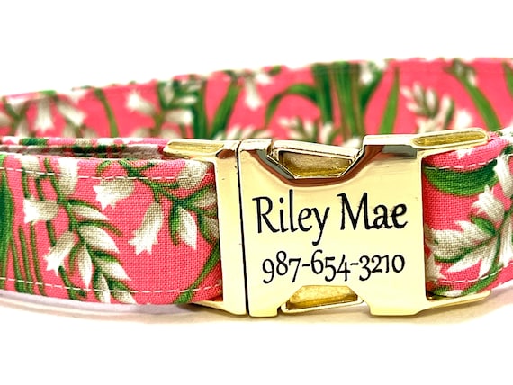 Personalized Dog Collar - Laser Engraved Buckle - Tiny White Flowers on Pink
