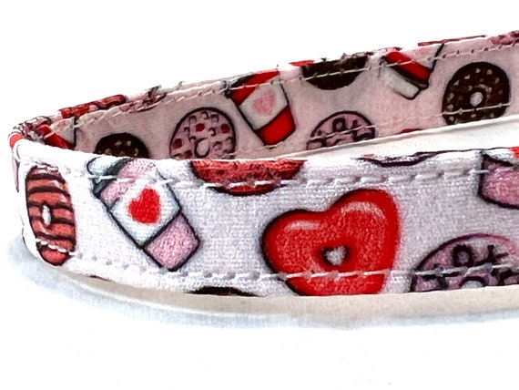 Valentine’s Day Cat Collar for Boy Girl - Red & Pink Hearts, Lattes and Doughnuts - 3/8” Breakaway Buckle