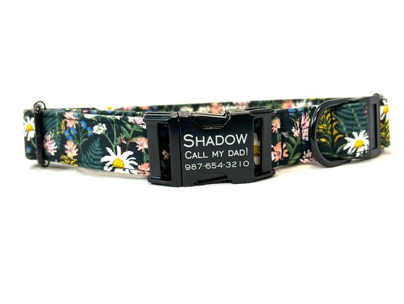Rifle Paper Co. Personalized BREAKAWAY Dog Collar - Laser Engraved Buckle -  Black Wildflowers