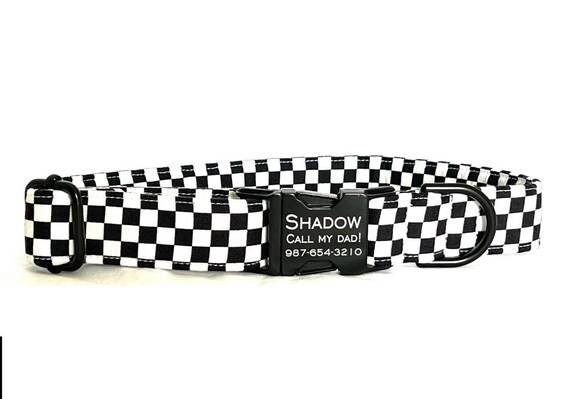 Personalized Dog Collar for Boy, Girl - Engraved Buckle - Black White Racing Checks - Race Car Fan