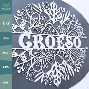 Floral Croeso Walisische Sprache Willkommensschild Wand Plakette, laser cut Datei dxf/svg/eps/pdf/XCS digitaler Download Walisische Sprache