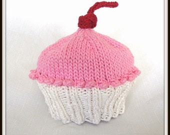 Knit Pink and White Cotton Cupcake Hat, great photo prop