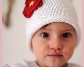 Knit Red Flower White Hat, Knit Cotton Sassy Blossom Baby Hat great photo prop