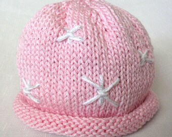 Knit Winter Snowflake Cotton Pink Baby Hat great photo prop