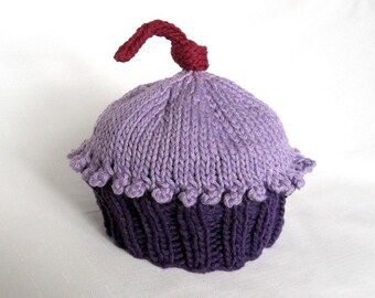Cupcake Hat Purplicious, Knit Cotton Baby Hat, great photo prop