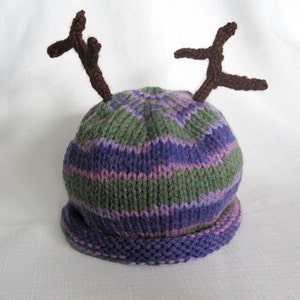 May include: A purple and green striped knitted hat with brown felt antlers.
