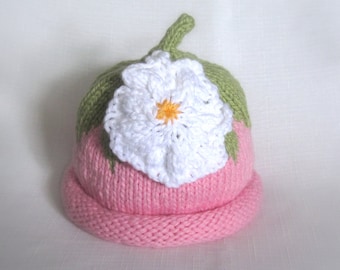 Pink Flower Hat, Knit Cotton Baby Hat, great photo prop