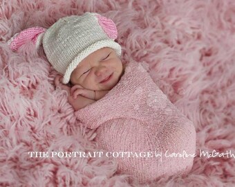 Boston Beanies Bunny Hat, Knit Pink White Cotton Baby Hat, great photo prop