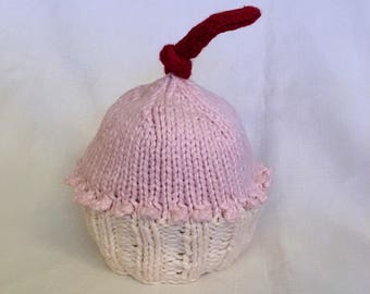 READY TO SHIP Knit Pink and White Organic Cotton Cupcake Hat, great photo prop