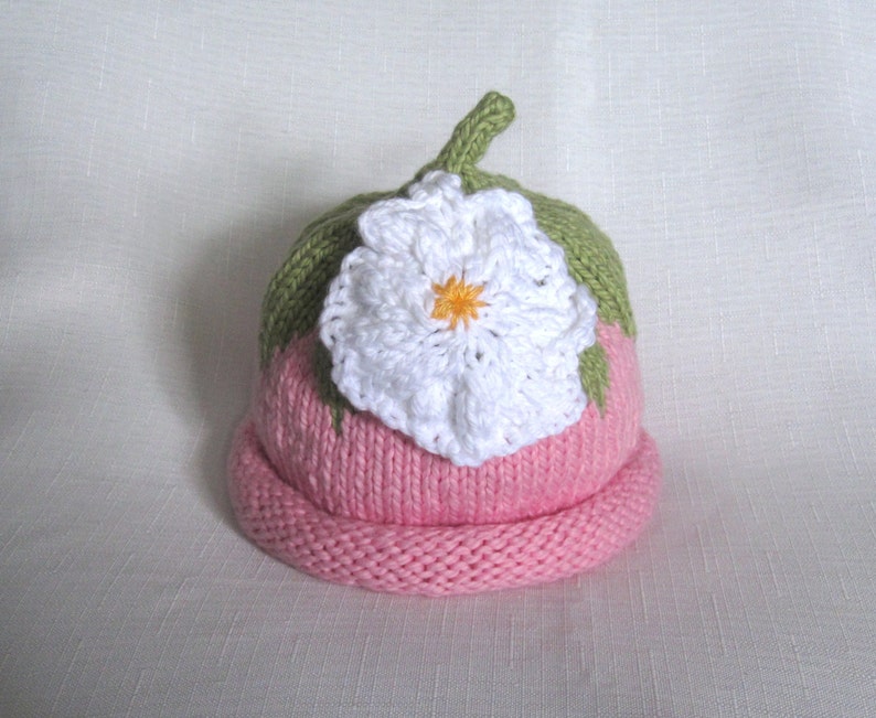 Pink Flower Hat, Knit Organic Cotton Baby Hat, great photo prop image 1