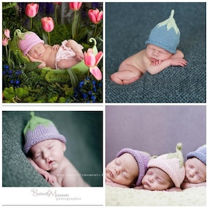 May include: Four newborn babies wearing knitted hats shaped like vegetables. The hats are purple, blue, and green. The babies are sleeping on a light purple background.