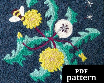 Dandelion Botanical Pattern for a Punch Needle or Rughooking Pillow, Rug, or Wallhanging