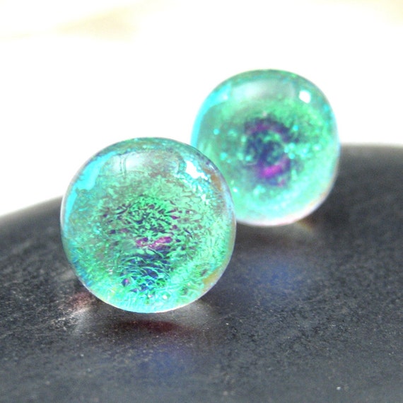 Sunny Yellow Mermaid Tears Dichroic Glass Sparkling Golden Yellow Fused Glass Stud Earrings