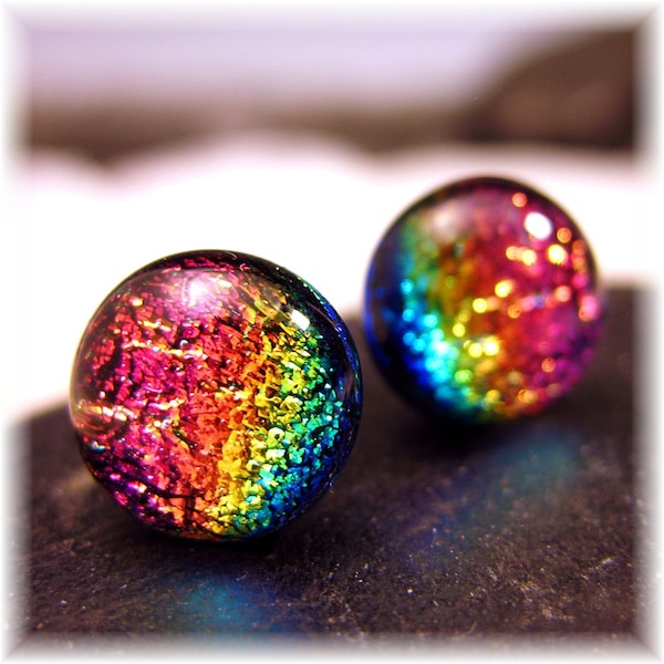 Dichroic Glass Rainbow Stud Earrings, Boho Chic, Fused Glass Post, Stud Earrings, Hypoallergenic, Pink Rainbow Studs
