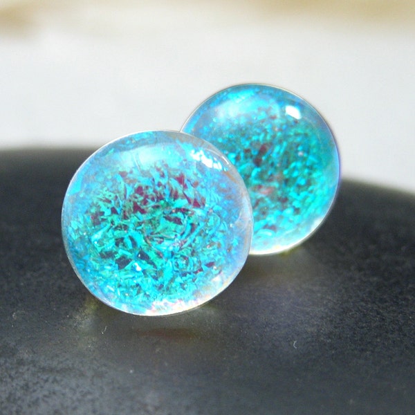 Stud Earrings in Dichroic Fused Glass Sparkling, Double Dichroic Glass Mermaid Tears