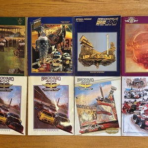 May include: A collection of ten vintage race event programs. The programs feature colorful illustrations of race cars, drivers, and the Indianapolis Motor Speedway. The programs are in excellent condition and would be a great addition to any racing fan's collection.