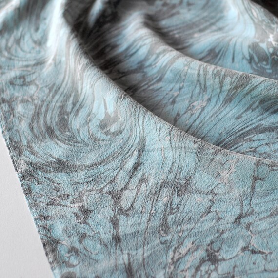 Sky Blue Marbled Silk Scarf Plume Pattern 35x35 Inch | Etsy