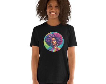 May include: Black t-shirt with a colorful graphic of a woman with an afro hairstyle. The graphic is in a circle and has a geometric design.