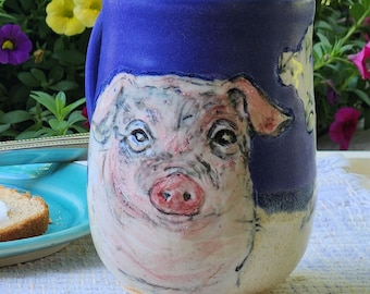 Pig and cornfield hand-painted on handmade wheel-thrown mug