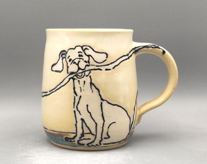 16 Ounce Handmade Ceramic Mug; a Lanky Happy Dog With a Stick - Etsy