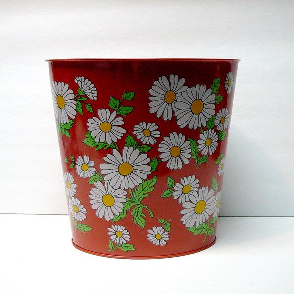 Trash Can Waste Basket Vintage Retro Flower Power Hippie Bright Orange Daisies Daisy Mid Century