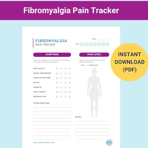 May include: A white Fibromyalgia Pain Tracker printable with a purple header. The tracker includes sections for symptoms, pain level, and notes. A blue pencil rests at the bottom. The text "Instant Download (PDF)" is in a yellow circle.