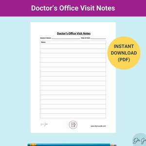 Puede incluir: Una plantilla de notas de visita al consultorio médico imprimible con campos para el nombre del médico, la fecha de la visita y las notas. La plantilla tiene papel rayado para escribir notas. El texto "INSTANT DOWNLOAD (PDF)" está en un círculo amarillo en el lado derecho de la página.