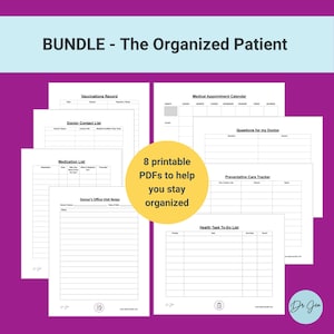 May include: A bundle of eight printable PDFs to help you stay organized. The PDFs include forms for vaccinations, doctor contact information, medication lists, doctor's office visit notes, a medical appointment calendar, questions for your doctor, a preventative care tracker, and a health task to-do list.