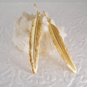 Gold feather dangle earrings