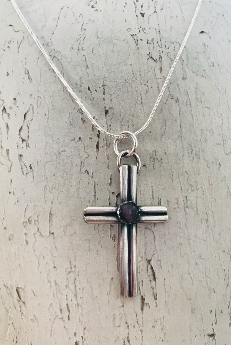 Sterling Silver Cross Purple Cat/'s Eye Religious Thick Sterling Silver Cross