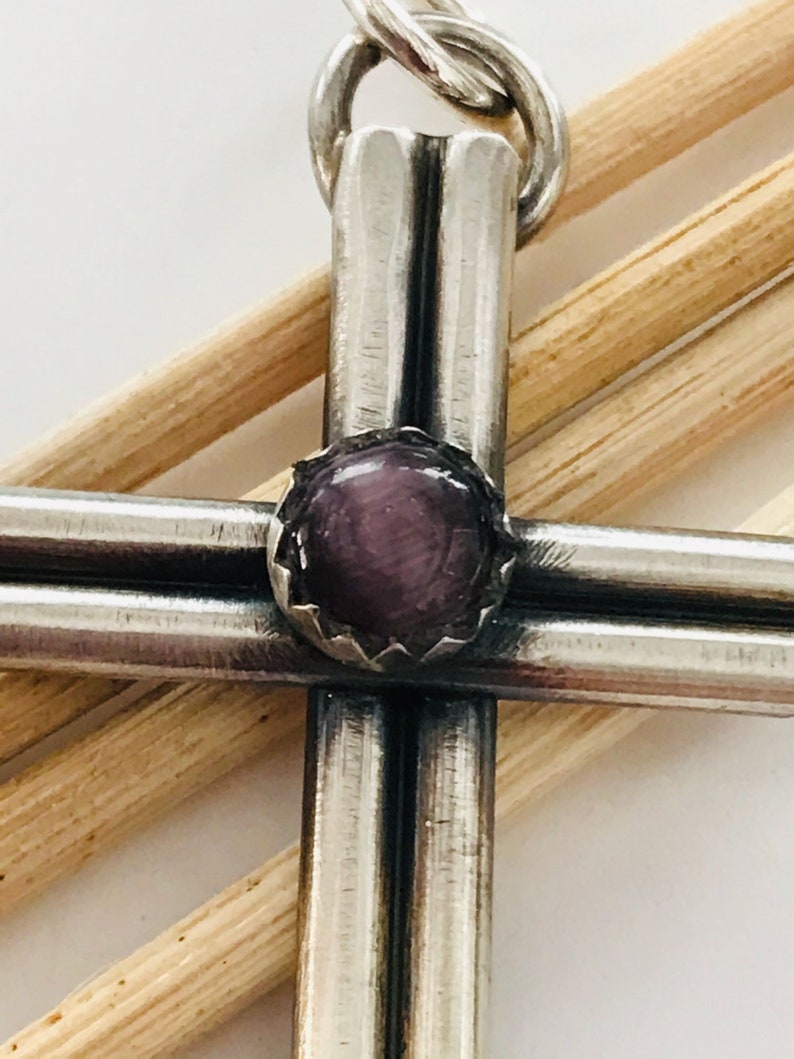 Sterling Silver Cross Purple Cat/'s Eye Religious Thick Sterling Silver Cross