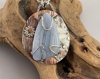 Mixed Metal, Blue Lace Agate, Copper, Sterling Silver, OOAK    #109