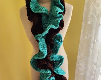 Jade and Coffee Crochet Ruffle Scarf