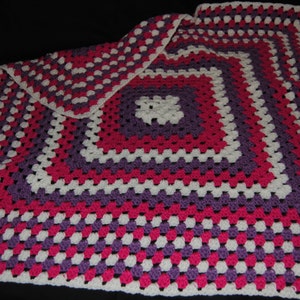 Pink Purple and White Crochet Baby Blanket image 1