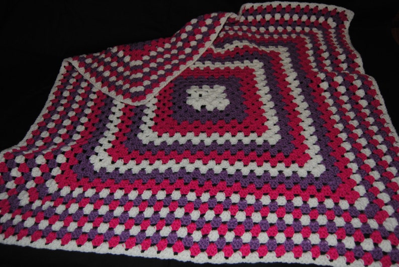 Pink Purple and White Crochet Baby Blanket image 1