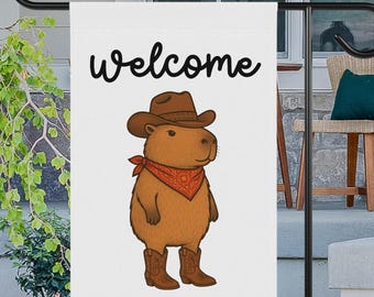 Welkom cowboy capibara tuin vlag, grappige outdoor tuinvlag, schattige capibara veranda vlag, capibara liefhebbers cadeau, western outdoor decor
