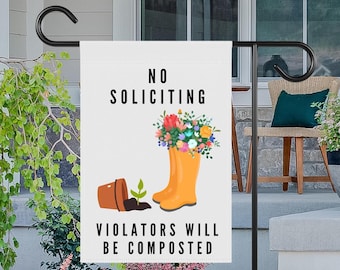 Bandera de jardín divertida: "No se permite solicitar": Letrero de jardín con humor sobre compost, Jardinería, Diseño con humor sarcástico, Bandera de jardín estilo cottagecore