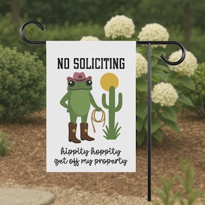 Funny No Soliciting Garden Flag, Hippity Hoppity Get Off My Property Frog with Cowboy Hat & Boots, Outdoor Yard Decor, No Solicitors Sign