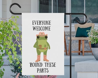 Bandera de jardín de rana vaquera: todos bienvenidos, decoración cottagecore, decoración vaquera, bandera de rana vaquera, decoración de rana divertida, bandera de todos bienvenidos