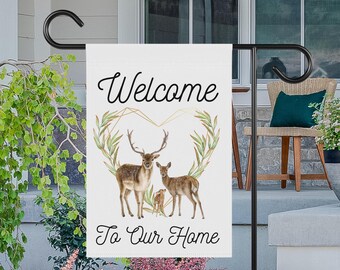 Bandera de jardín de bienvenida con ciervos, bandera de jardín de bienvenida con ciervos, decoración rústica cottagecore, decoración de jardín con pareja de ciervos del bosque, bandera de cabaña