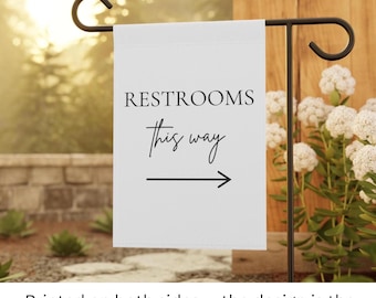 Señal de dirección para baño, bandera de jardín "Baños por aquí", bandera direccional para baño de boda, ceremonia en el patio, señal para baño de boda