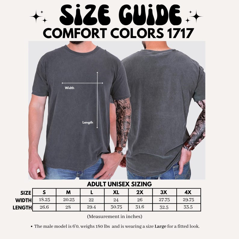 May include: Size guide for Comfort Colors 1717 t-shirts. The image shows a gray t-shirt with measurements for width and length. The size chart includes measurements in inches for sizes S through 4X. The text at the top says "SIZE GUIDE" and "COMFORT COLORS 1717".