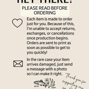 May include: A cream-colored graphic with the text "HEY THERE! PLEASE READ BEFORE ORDERING." It includes a heart and envelope icon, and text about made-to-order items. The Geranium Goods logo is at the bottom, with the text "Thank you for supporting my small shop!"