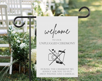 Bandera de jardín para ceremonias sin conexión, letrero de bienvenida para bodas, bandera de boda para ceremonias sin conexión, letrero para ceremonias de boda al aire libre, sin teléfonos ni cámaras