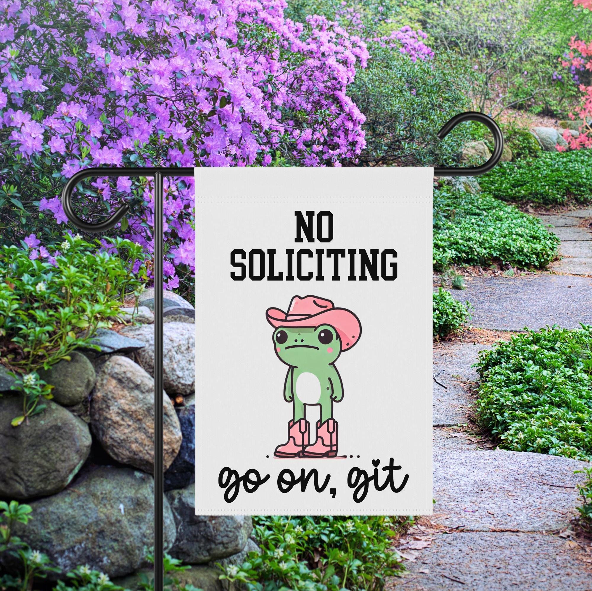 No Soliciting Garden Flag, Go Away Garden Flag, Funny Yard Flag, Frog Garden Flag, Gift-For Gardeners, No Solicitors Sign, No Solicit Signs